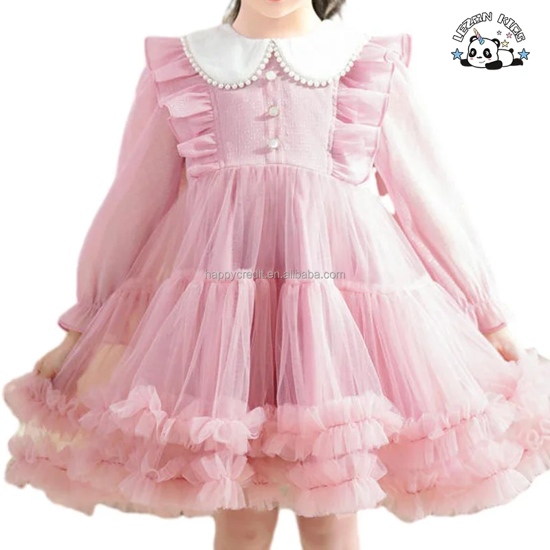 LEZONKIDS - Vestidos de tule rosa de manga longa com laço personalizável boutique para meninas, vestidos de princesa de tule para festa de aniversário